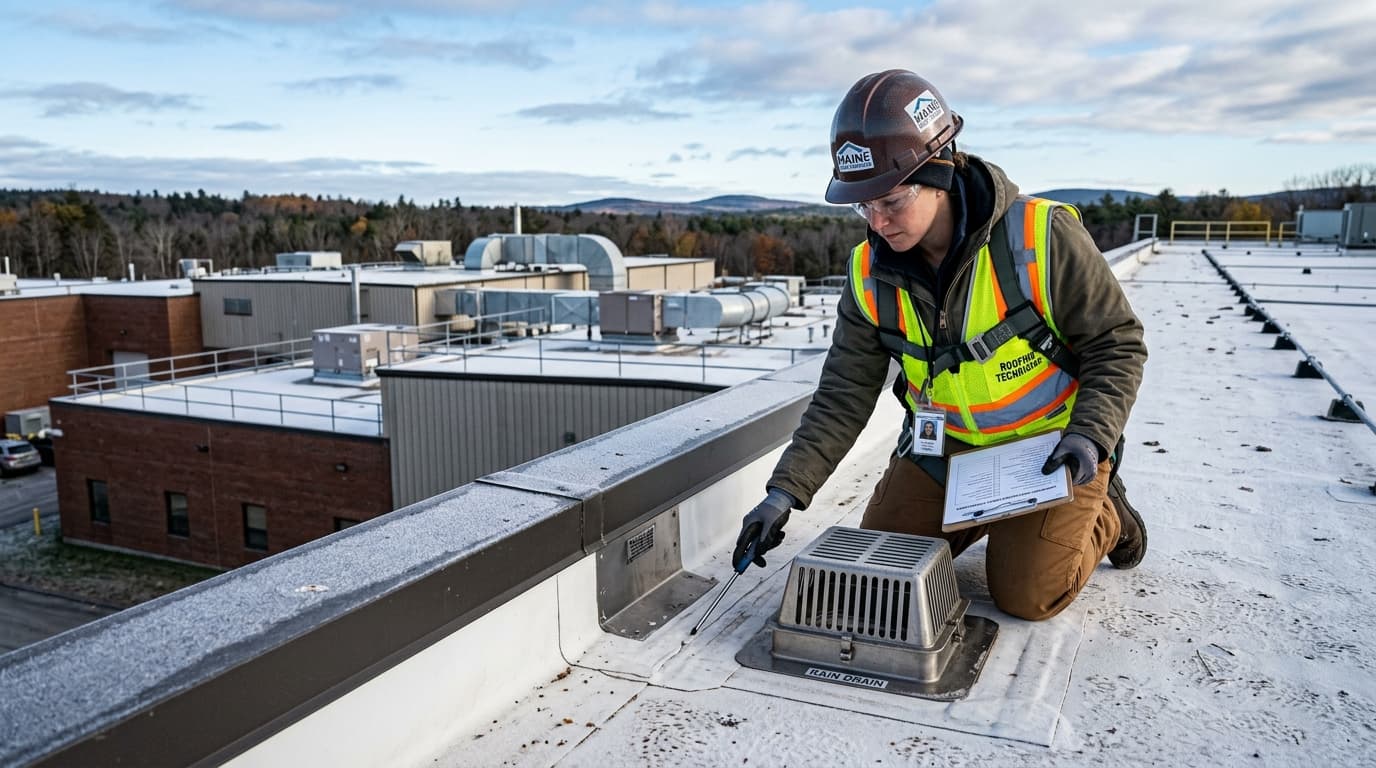 Commercial Roof Drain and Membrane Winterization Inspection in Maine