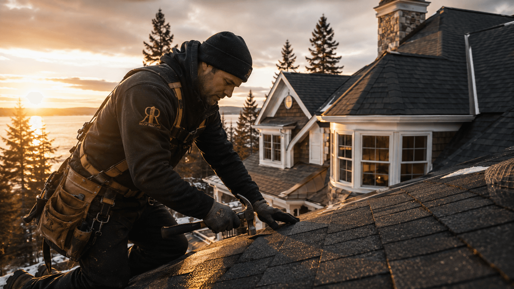 Maine Roofing Scapes & Repairs - Roofer working on Maine home at sunset
