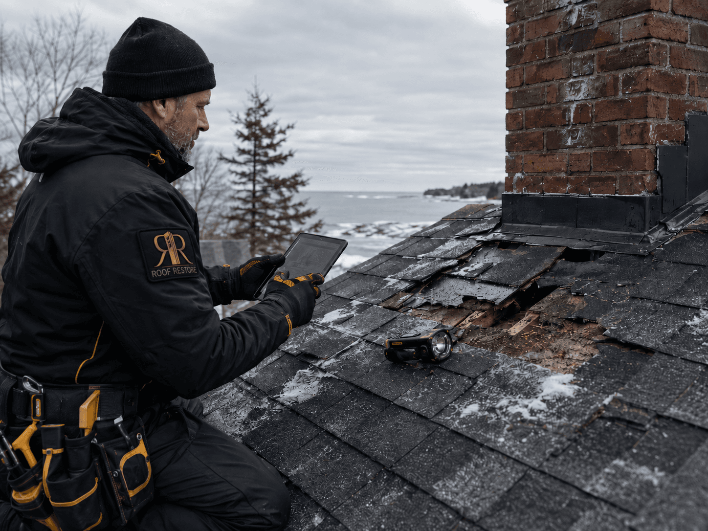 Winter Ice Dam and Snow Accumulation on Maine Roof Eaves
